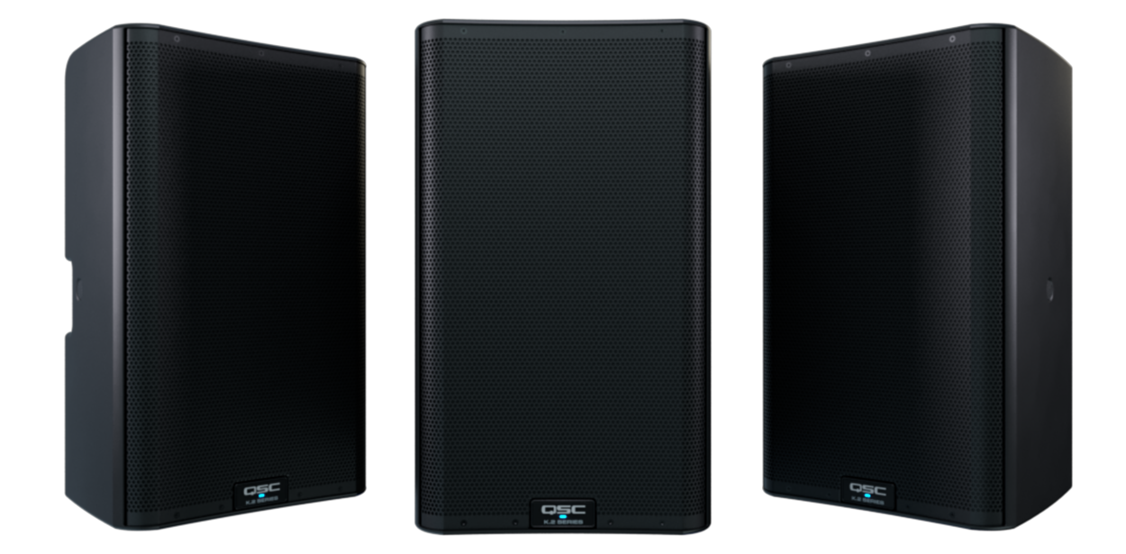 Three QSC speakers for event sound reinforcement