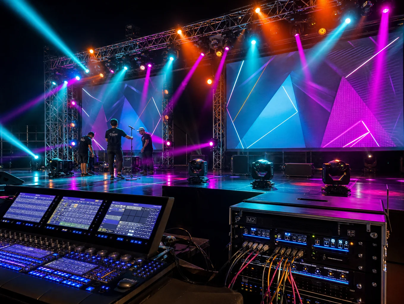 Illustrative photograph of a concert stage with sound and lighting equipment