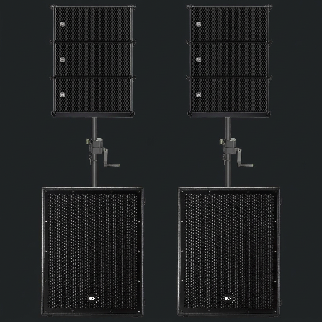 Illustrative photo of PA speaker systems with subwoofers on stands.