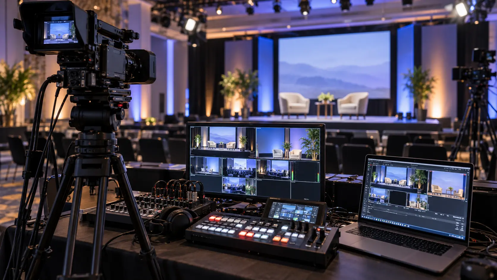 Livestream control booth with cameras, audio mixer, video switcher and laptop facing a stage