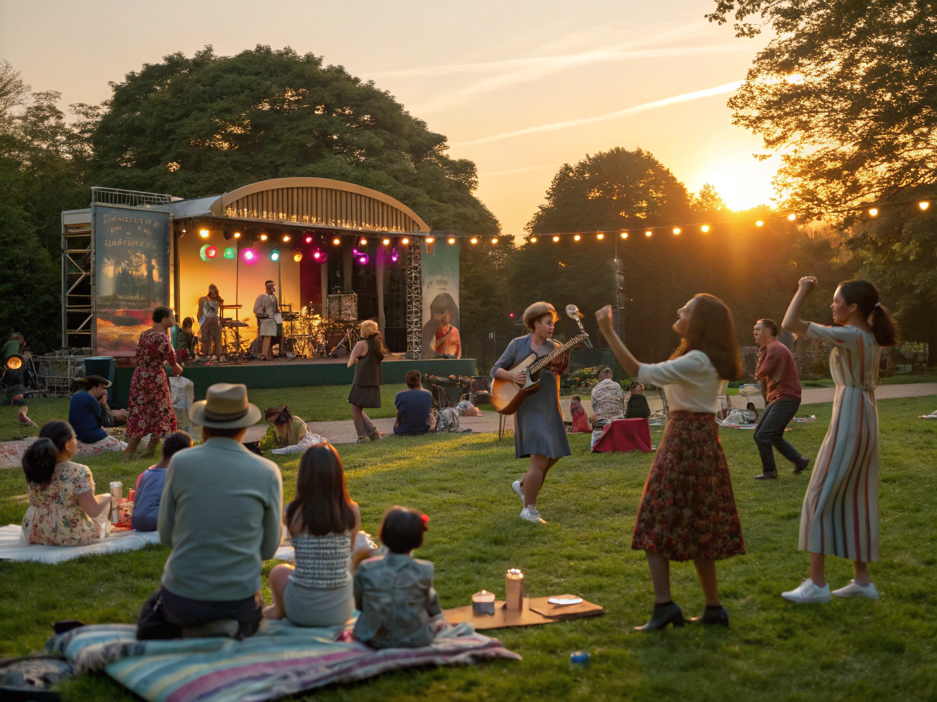 Illustration of a community concert in an outdoor park.