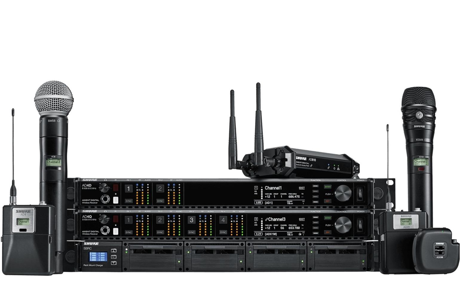 Shure wireless microphones, bodypack transmitters and receiver rack