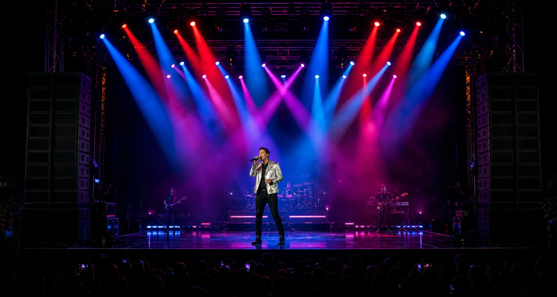 Live event stage with speakers, monitors, and lighting equipment.